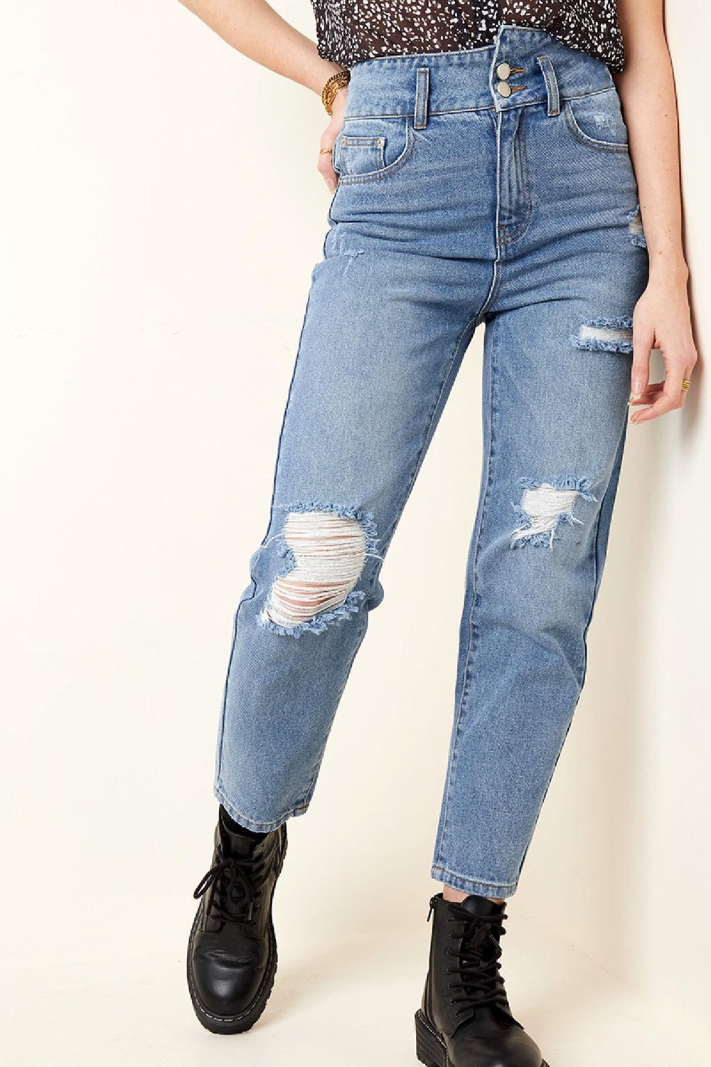 Enkellange versleten jeans met hoge taille Blauw XS Afbeelding3
