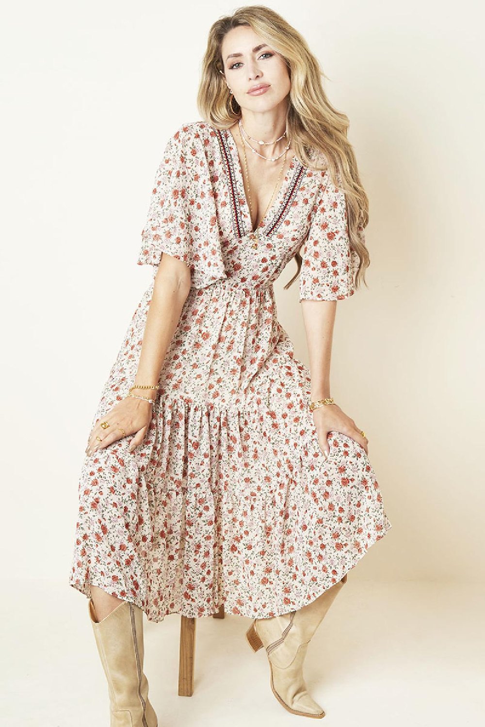 Robe Bohème Roses Blanc S h5Image2