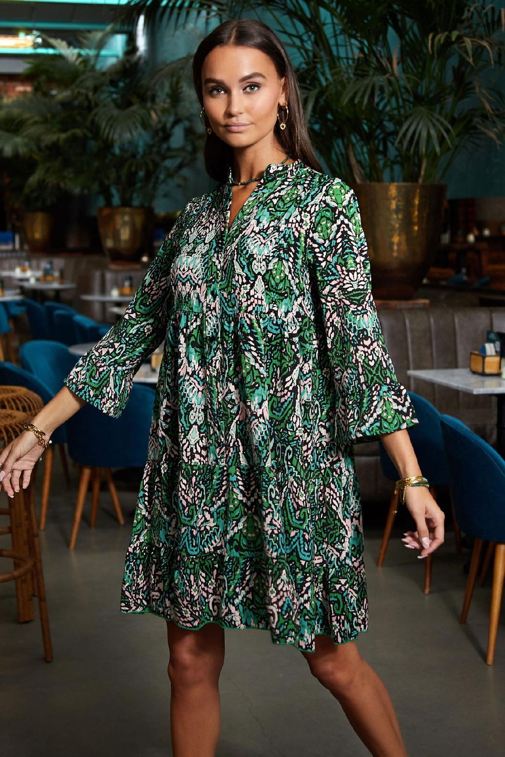 Autumn dress with abstract print Green S Picture3