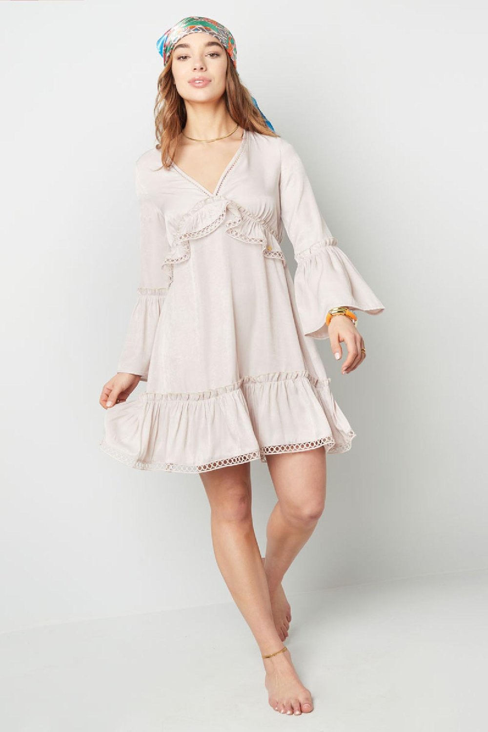Kleid mit Rüschen Beige S h5Bild2