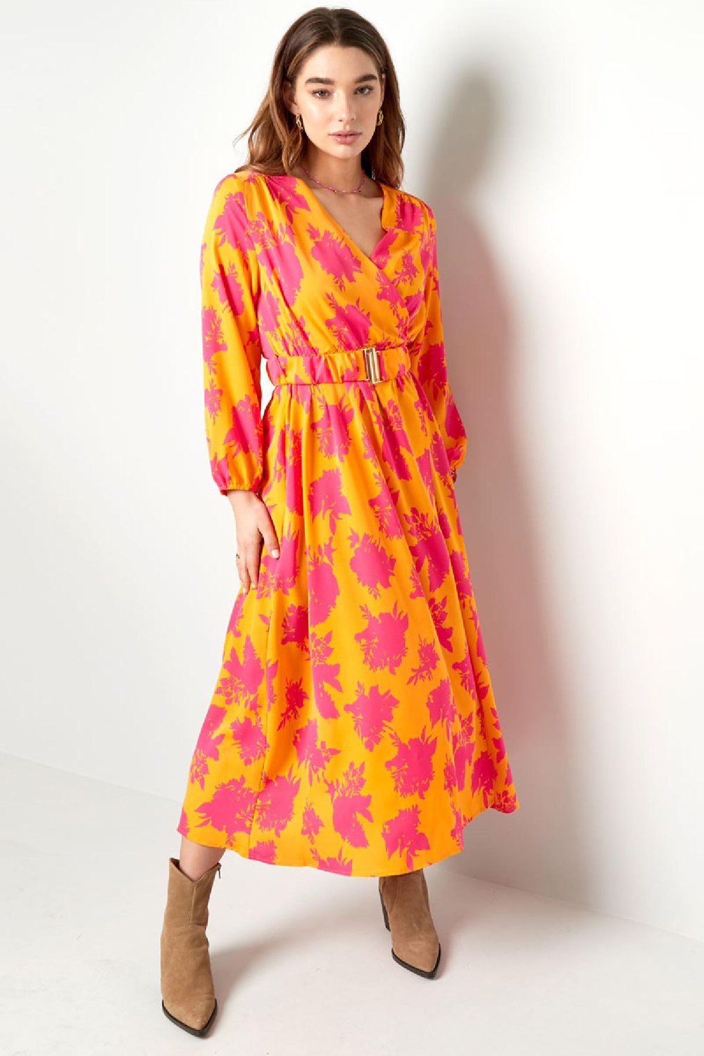Maxi jurk kleurrijke print met riem Fuchsia & Geel S h5Afbeelding3