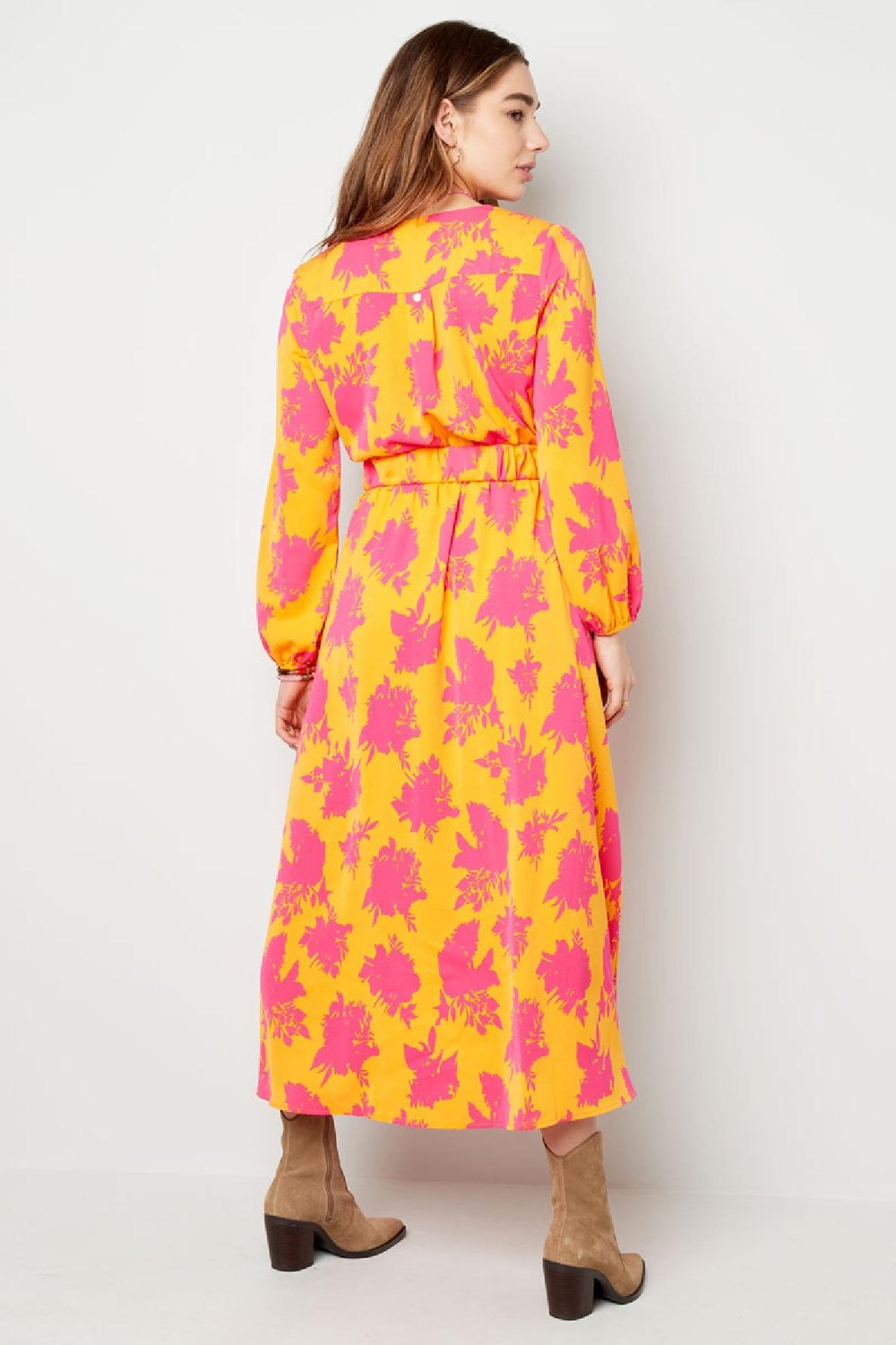 Maxi jurk kleurrijke print met riem Fuchsia & Geel S h5Afbeelding6
