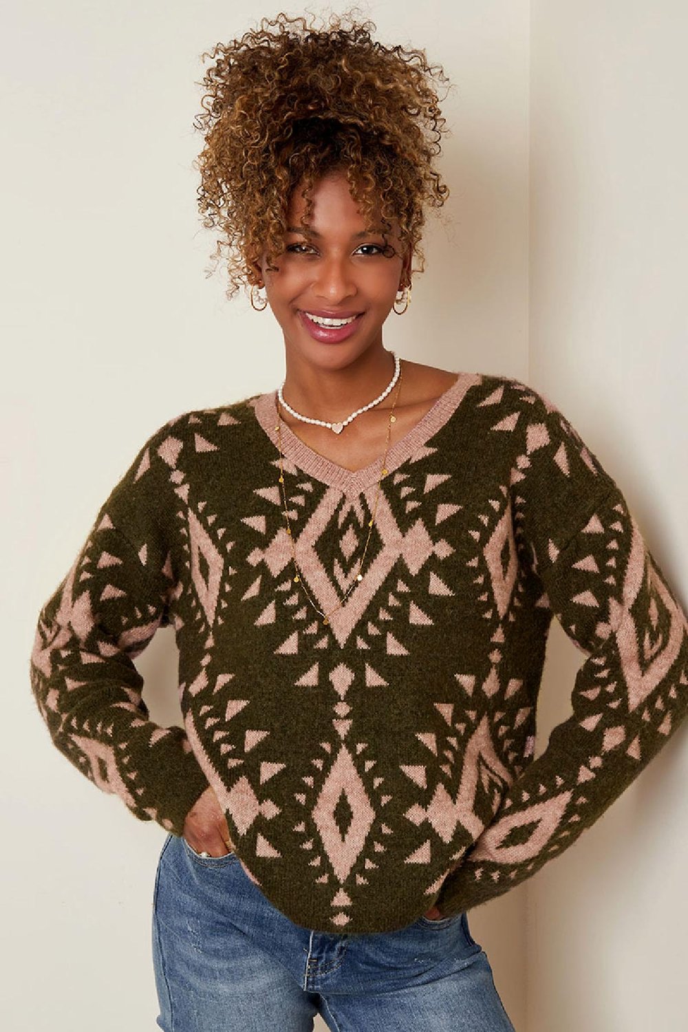 Pullover mit Stammes-Print Schwarz & Beige S/M Bild3