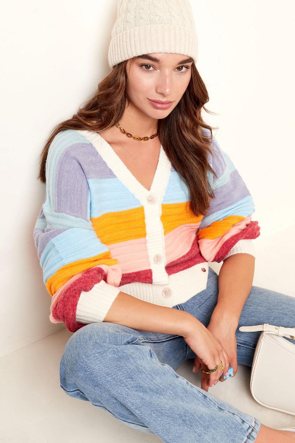 Strickjacke mit Ballonärmeln - mehrfarbig Weißes Multi S/M Bild2