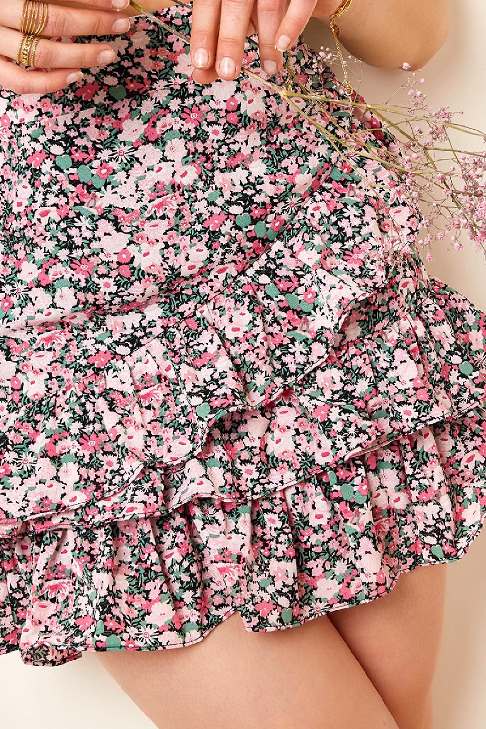 Rok met ruches in bloemenprint Blauw S h5Afbeelding2