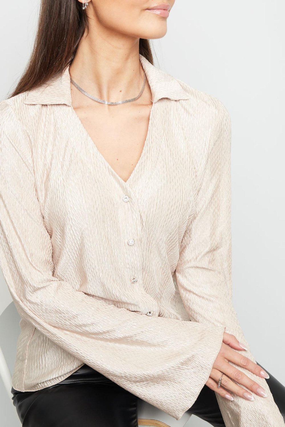 Bluse mit Struktur Creme S h5Bild5