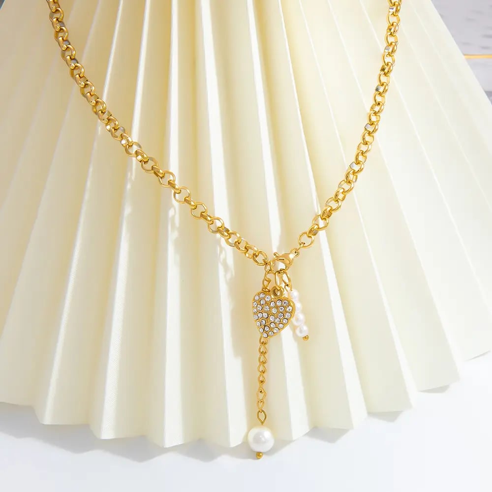 1 piece luxurious series elegant heart stainless steel  gold color plated artificial pearl women's pendant necklaces