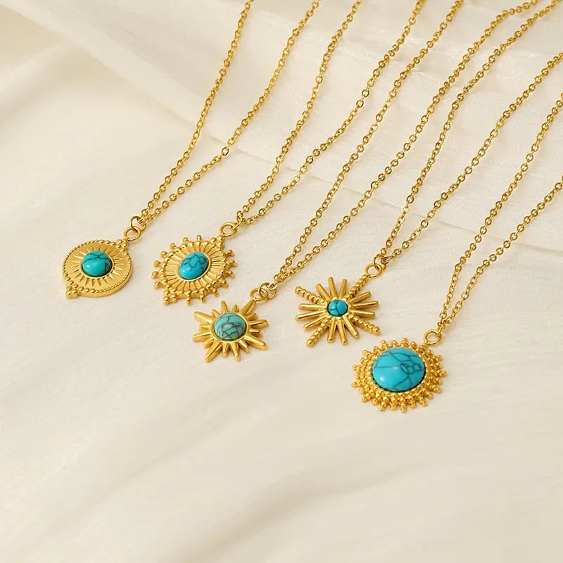 1 piece classic retro style geometric shape stainless steel  gold plated inlay turquoise women's pendant necklace
