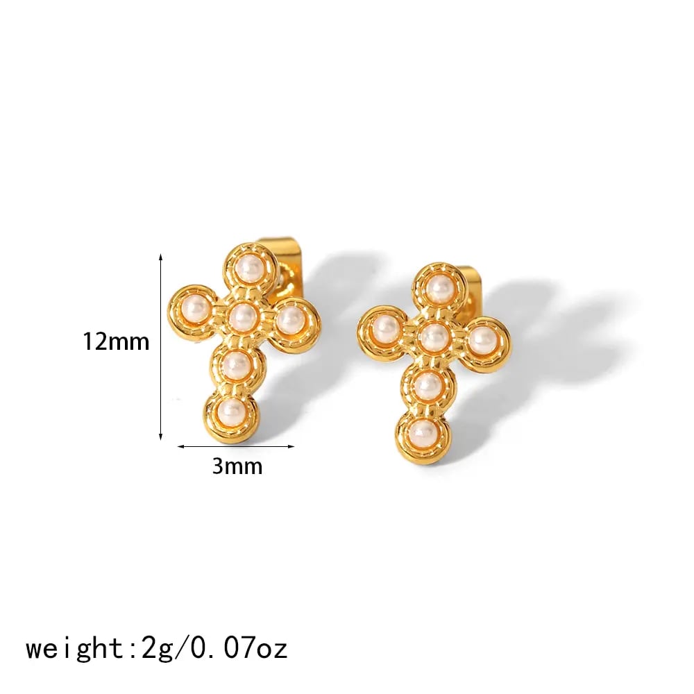 1 Paar modische und exquisite 18 Karat vergoldete Edelstahl-Ohrringe mit Punktdiamanten und achtzackigem Stern, Perlenkreuz als Damenschmuck für den Alltag Bild2