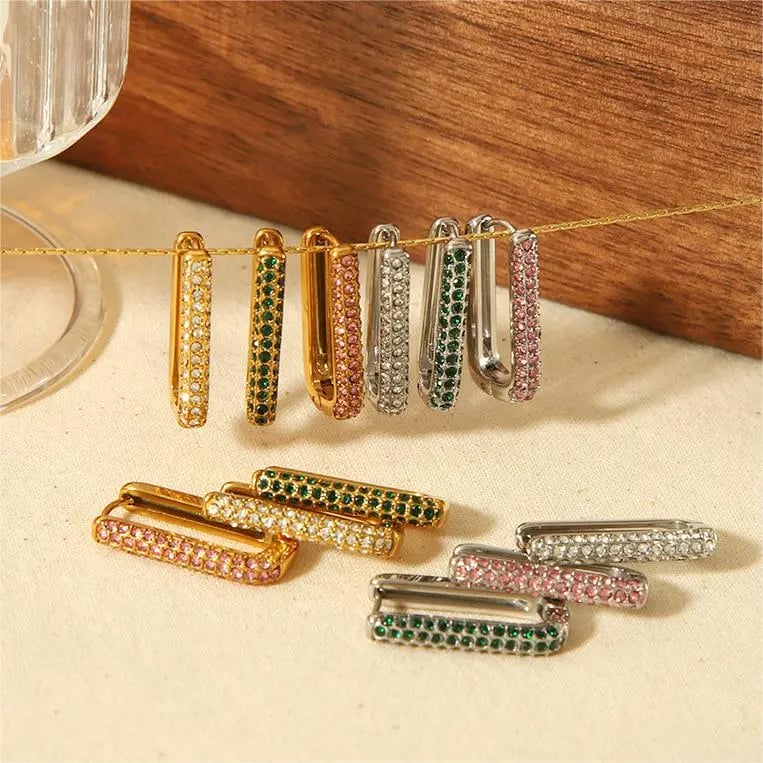 1 pair simple series classic geometric stainless steel  gold plated rhinestone women hoop earrings