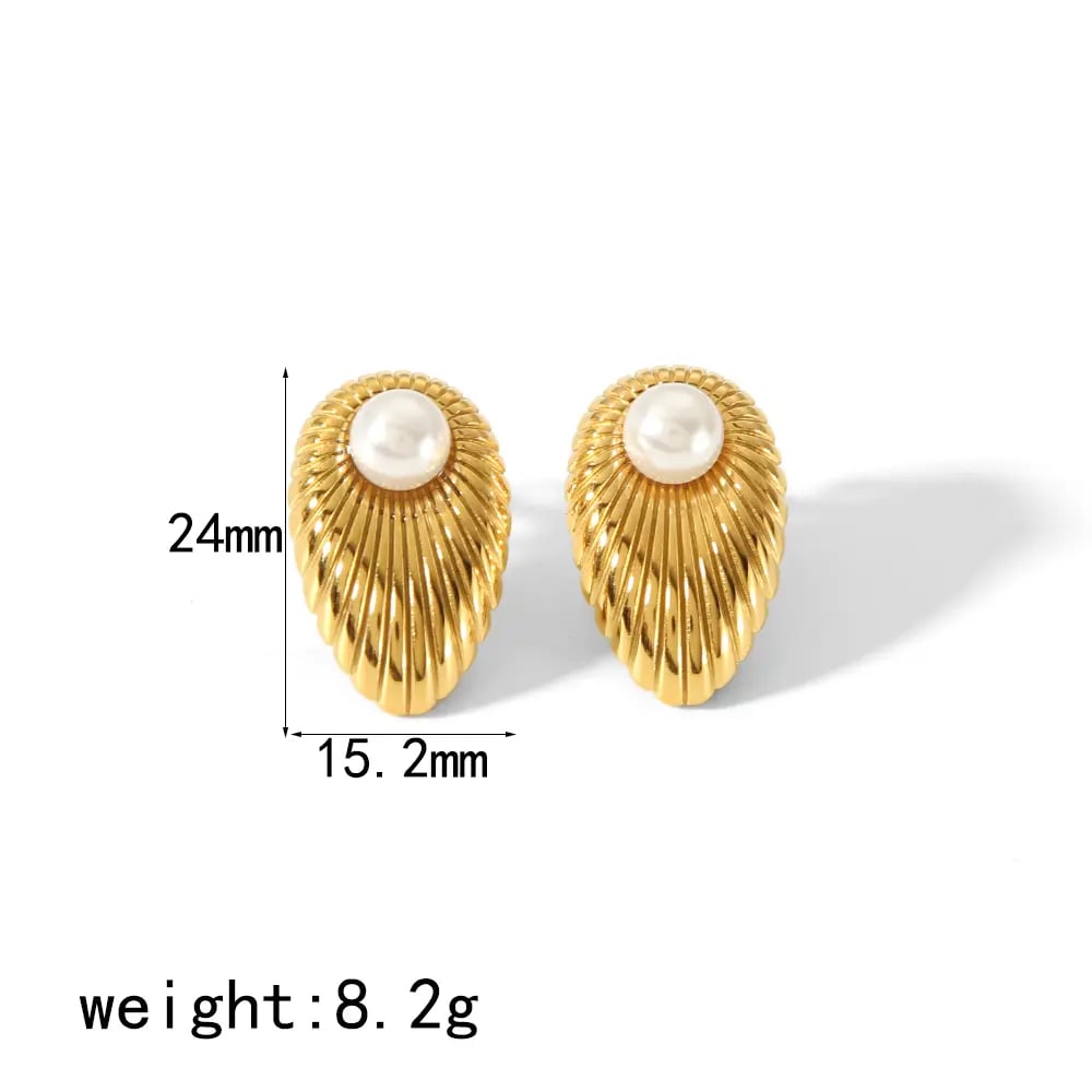 1 pair of stylish and elegant  gold-plated stainless steel metal stripe pearl stud earrings for women jewelry for daily wear Picture2
