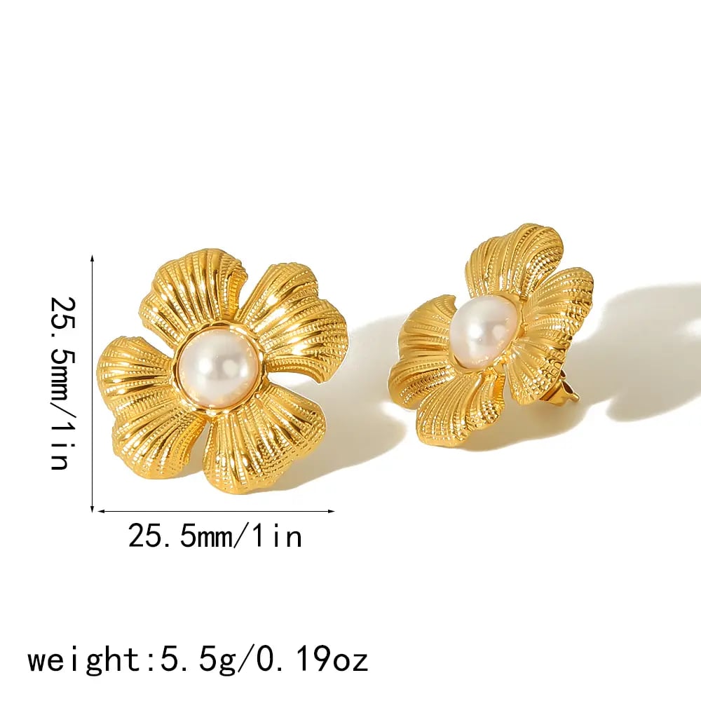 1 pair of exquisite and elegant  gold-plated stainless steel metal texture flower pearl earrings for women's jewelry for daily wear Picture2