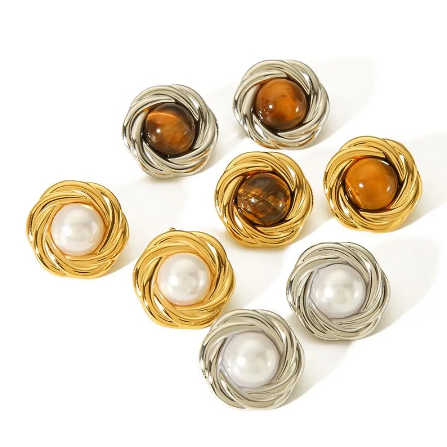 1 pair of stylish and elegant  gold-plated stainless steel geometric round inlaid tiger eye stone earrings for women's jewelry for daily wear