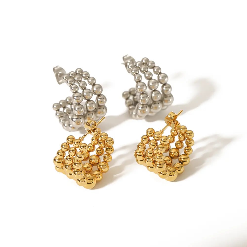1 pair of creative and fashionable  gold-plated stainless steel round bead link C-shaped earrings suitable for women's daily wear