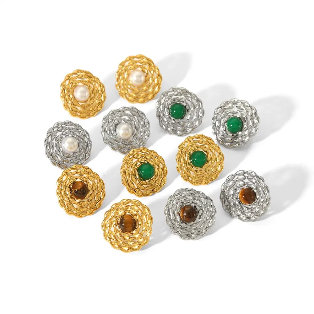 1 pair of classic simple  gold-plated stainless steel geometric hollow tiger eye stone pearl earrings for women's daily wear 