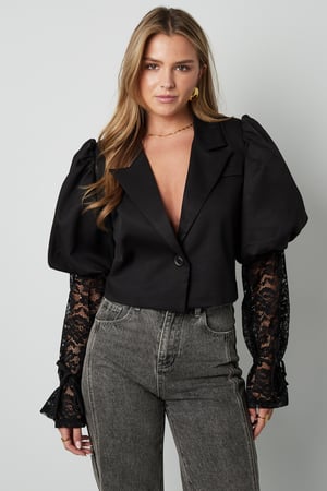 Mélange de Coton Blazer Femme Manche Ballon Insert Dentelle h5 Image4