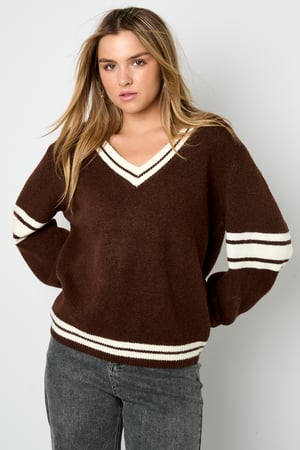 Knitted Polyester Fiber Women's V-Neck Sweater Sporty Contrast Stripes h5 Picture8
