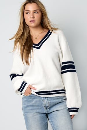 Knitted Polyester Fiber Women's V-Neck Sweater Sporty Contrast Stripes h5 Picture5