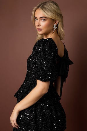 Woven Polyester Fiber Women's Short Sleeve Tops Elegant Sequins h5 Picture4