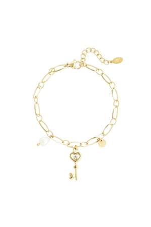 Link bracelet key charm & pearl Gold Color Stainless Steel h5 
