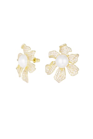 Earrings sparkly flower pearl silver color - zircon copper h5