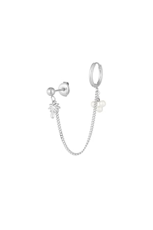 Double earring with palm and pearl - Silver Color color h5