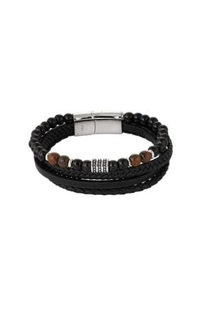 Mannenarmband dubbel gevlochten met kralen - zilver/zwart h5 