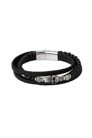 Double men's bracelet braided with beads and skull charm - brown/black h5 