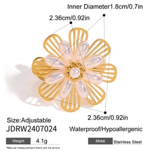 1 pair classic series retro flower stainless steel  gold plated artificial pearl women adjustable rings h5 Picture2
