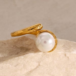 1 pair elegant and luxurious style annular shape stainless steel  gold plated inlay artificial pearl women's adjustable ring h5