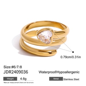 1 Stück Casual Herz Edelstahl Gold Farbe Zirkon Damen Einzelringe h5 