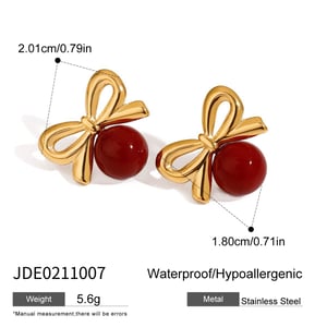 1 Pair Gorgeous Series Retro Bowknot Red Sphere Stainless Steel Gold Color Women's Stud Earrings h5