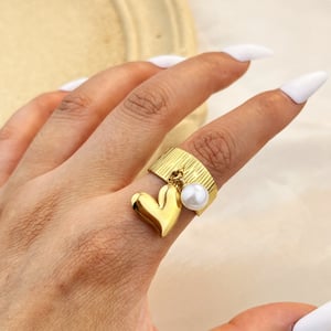 Anillo ajustable para mujer de acero inoxidable con perla artificial y corazón retro de serie simple de 1 pieza h5 