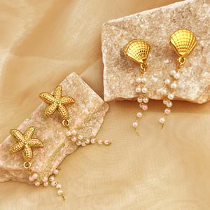 1 pair  style daily starfish beads tassels stainless steel gold color women's drop earrings h5 Picture2