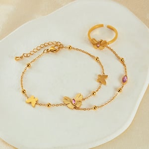 1 Piece Exquisite Series Daily Butterfly Stainless Steel Gold Color Women's Chain Bracelets With Ring h5 Picture2
