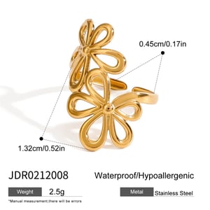 1 Piece Romantic Series Elegant Double Flowers Stainless Steel Gold Color Women's Adjustable Rings h5