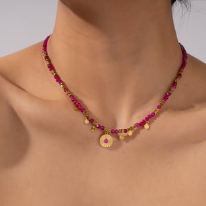 1 Piece Intricate Series Retro Circle Stainless Steel Gold Color Pink Natural Stone Women's Pendant Necklaces h5 Picture2