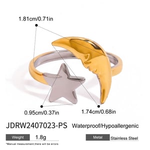 1 Piece Gold and Silver Colorblocking Stainless Steel Star & Moon Women's Adjustable Rings h5