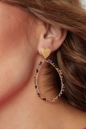 Oval earrings with beads and heart - Gold color/purple h5 Picture3