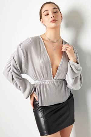 Blouse with rib structure and pleated sleeves Brown S h5 Picture2