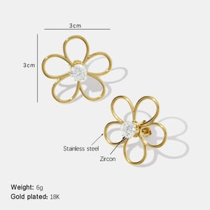 Simple Flower Stainless Steel Gold Color Zircon Stud Earrings h5