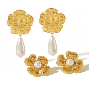 1 pair of exquisite and elegant  gold-plated stainless steel metal texture flower pearl earrings for women's jewelry for daily wear h5 Picture5