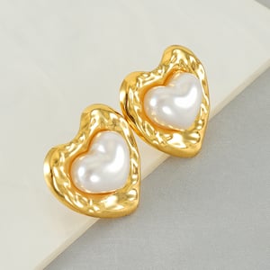 1 pair light-luxury casual style oval heart shape stainless steel  gold plated inlay artificial pearl women's stud earrings h5 Picture7