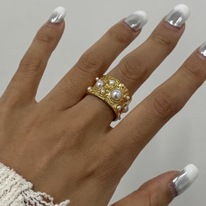 1 pair classic series retro geometric stainless steel  gold plated artificial pearl women adjustable rings h5 Picture4