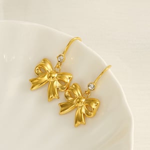 1 pair  fashionable style bowknot shape titanium steel  gold plated inlay artificial crystal women's drop earrings h5 Picture10