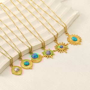 1 piece classic retro style geometric shape stainless steel  gold plated inlay turquoise women's pendant necklace h5 Picture7