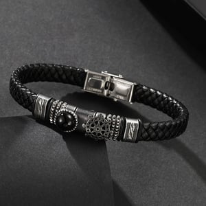 1 paio di bracciali da uomo in pelle con pietre naturali e geometrici retrò, serie etnica h5 Immagine2