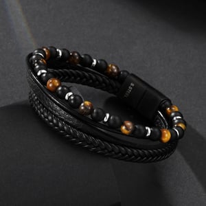 1 paio di braccialetti da uomo in pelle con perline retrò della serie etnica h5 Immagine3