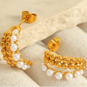 1 pair classic series retro beads stainless steel  gold plated artificial pearl women hoop earrings h5 Picture3