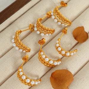 1 pair classic series retro beads stainless steel  gold plated artificial pearl women hoop earrings h5 Picture4